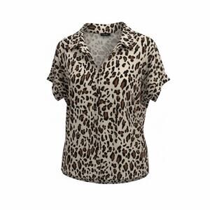 W5 Leopard Print Blouse Large Cream Brown Animal Print Short Sleeve